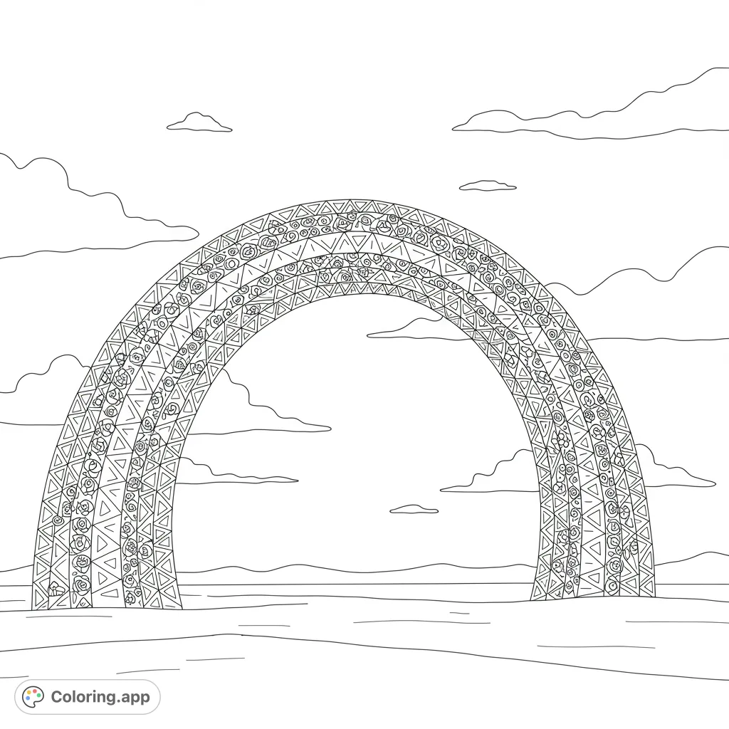 A majestic arching structure formed by countless right triangles spans a serene sky, meeting a vast plain. A unique geometric design.