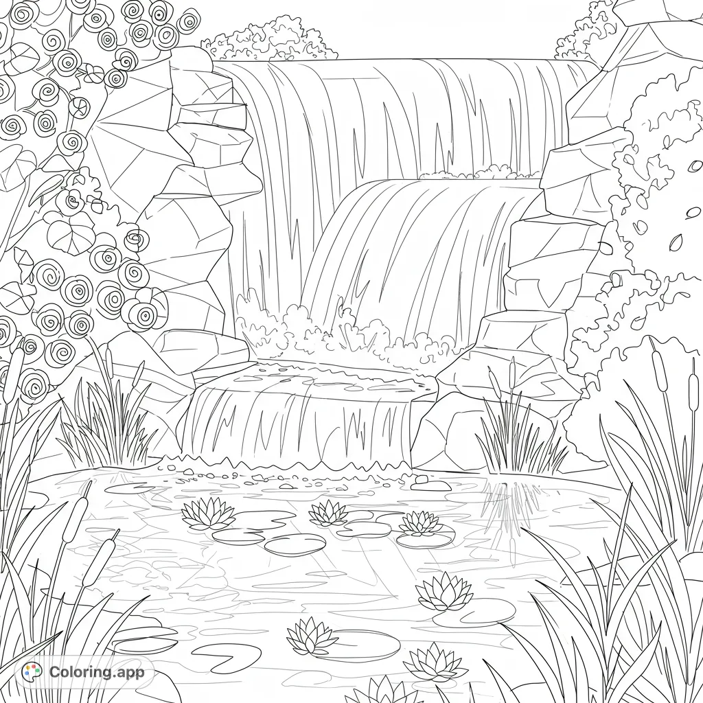 Experience a mesmerizing geometric triangle cascade flowing into a tranquil pond with perfect reflections. An intricate abstract design for creative coloring.