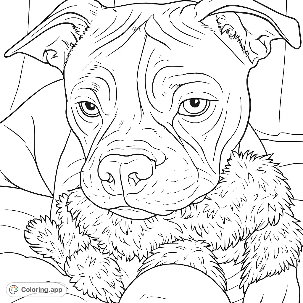 A charming puppy with expressive eyes holds a fluffy, striped toy, perfect for a delightful coloring experience.
