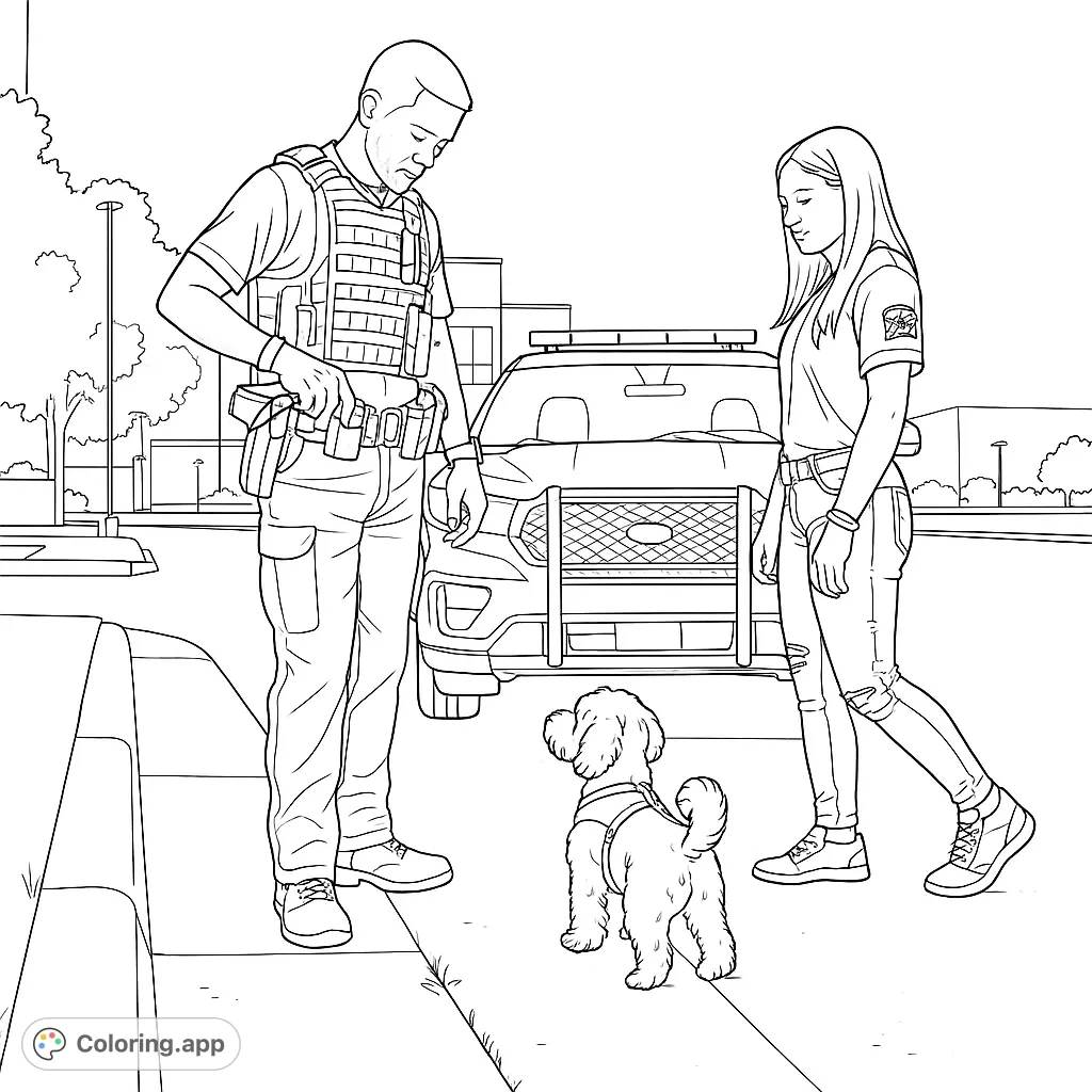 A detailed coloring page featuring two community figures and their small canine companion in a nighttime setting, with a vehicle and buildings in the background.