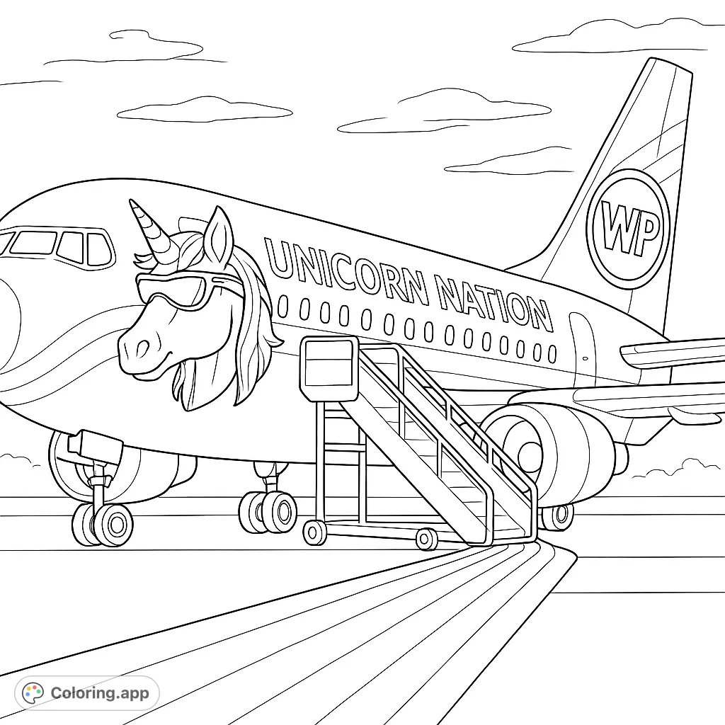 Soar into imagination with this whimsical unicorn airplane coloring page! Featuring a cool unicorn, a grand plane, and a striped path.