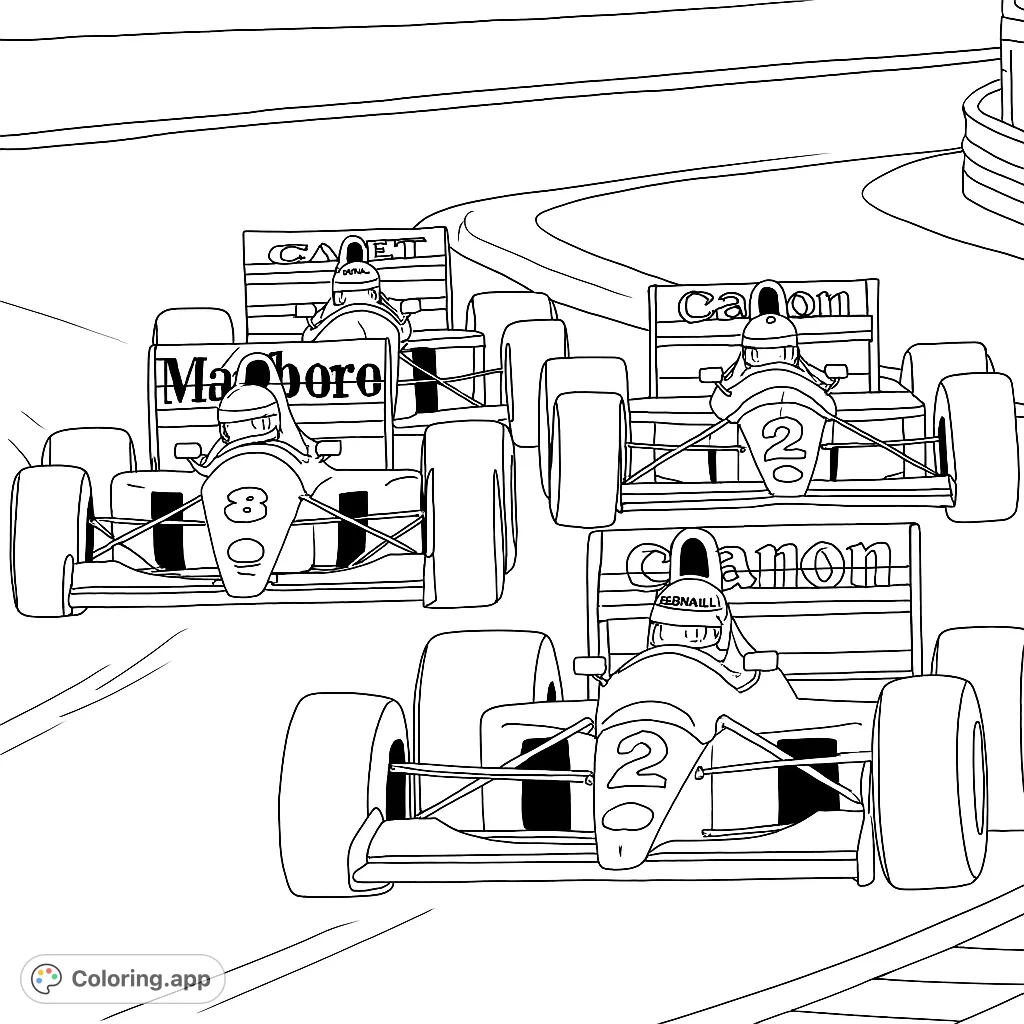Experience the thrill of a high-speed race with three detailed Formula One cars on a dynamic track. Perfect for motor sports enthusiasts.