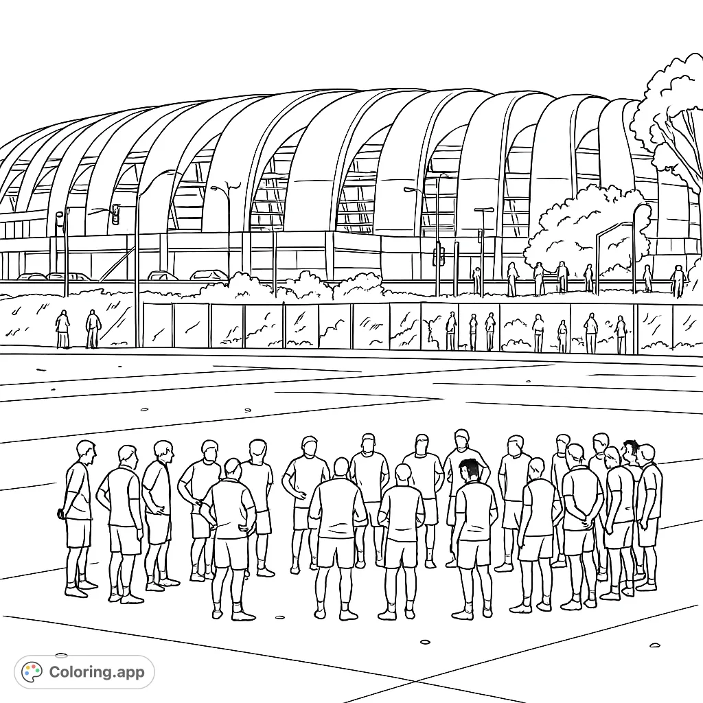 Dynamic sports stadium coloring page featuring athletes training on a field, with a modern arena backdrop. Perfect for sports fans.