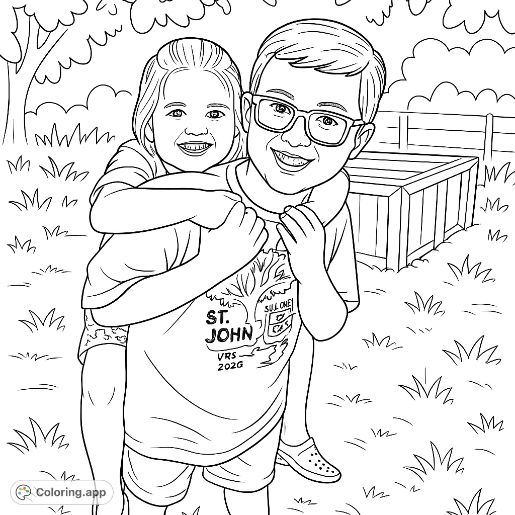 Capture the joy of childhood with this delightful piggyback ride scene. Perfect for kids and families to color, featuring two smiling children outdoors.