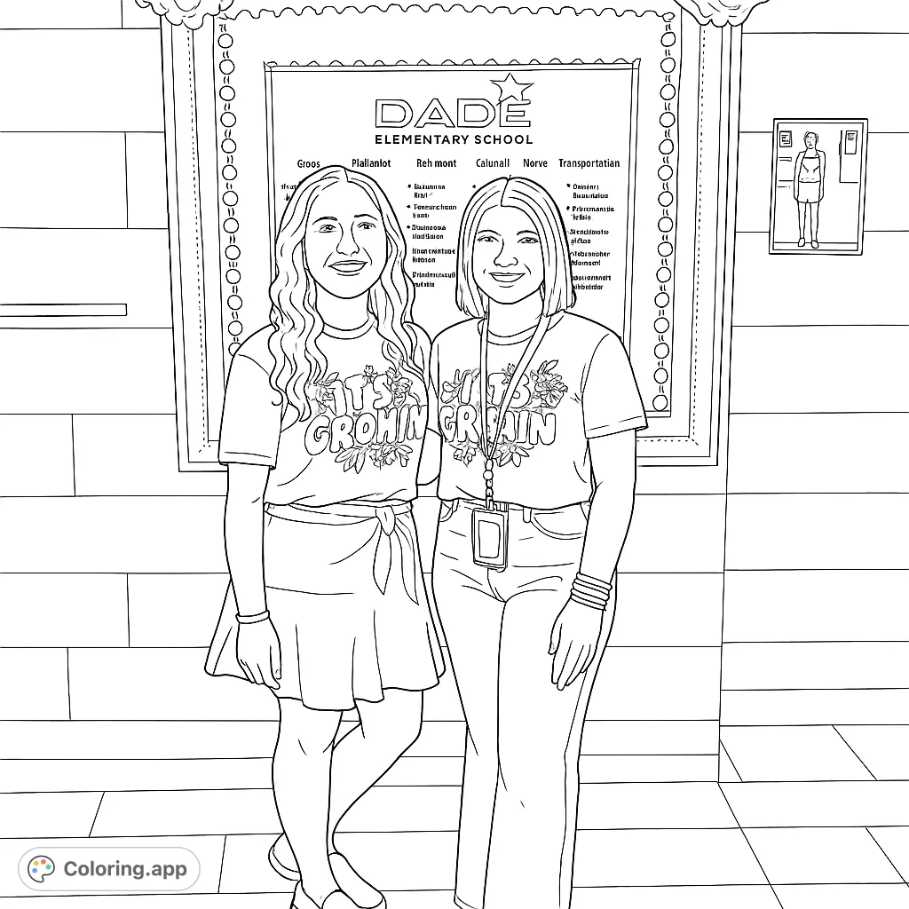 Two friendly teachers stand proudly by a school bulletin board, ready for a new academic year. A welcoming scene for school-themed coloring.