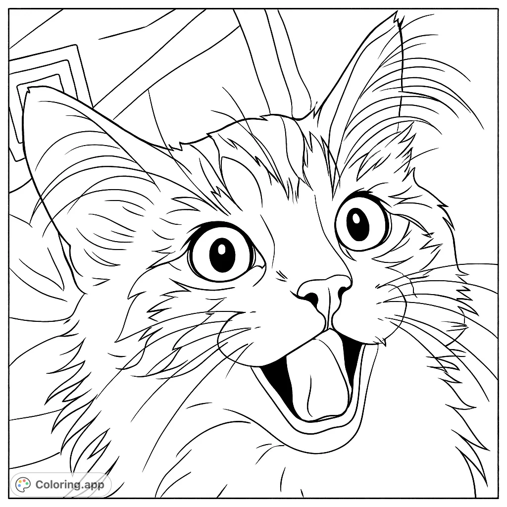 Capture the adorable surprise of a wide-eyed cat with its mouth open, ready for playful coloring. A charming free printable cat coloring page.
