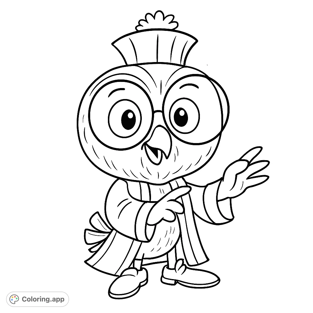 Color a wise, scholarly owl character wearing a graduation cap and robe, perfect for celebrating achievements and learning. A fun, free printable.