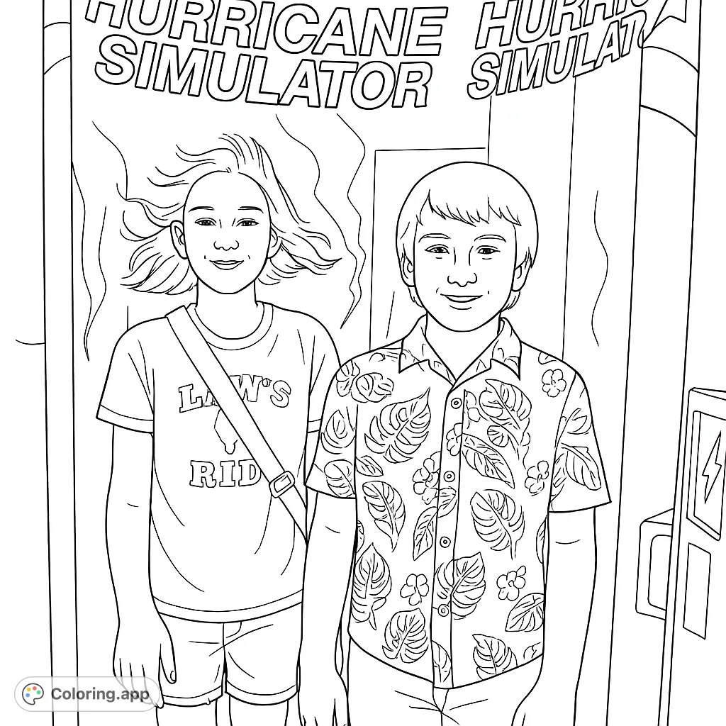 Experience the thrill of a hurricane simulator! Two friends brave the wind, hair flying, in an exciting adventure. A fun, free printable coloring page.