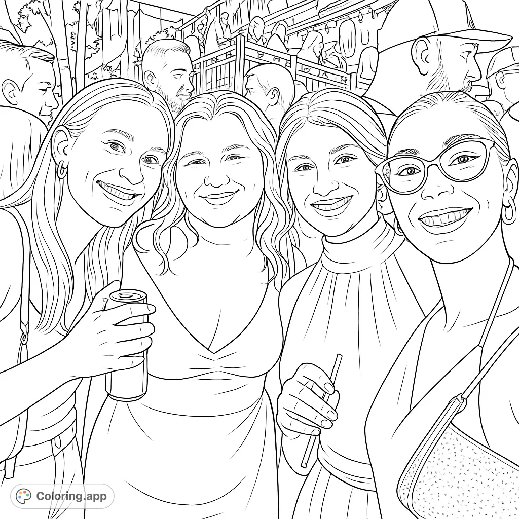 Four cheerful friends enjoying a night out, captured in a realistic style. Perfect for teens and adults to personalize.