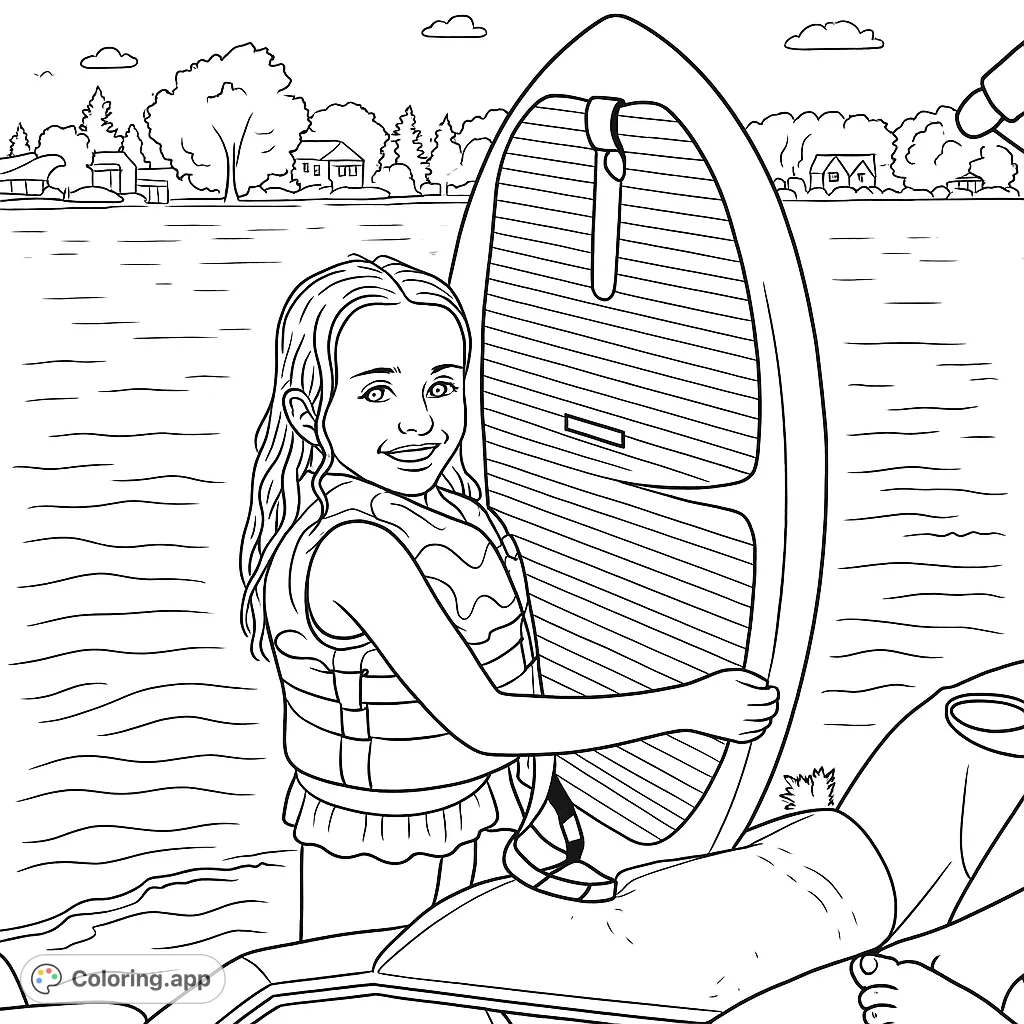A cheerful girl ready for water sports, holding a wakeboard by the lake. Perfect for summer fun and outdoor adventure coloring.