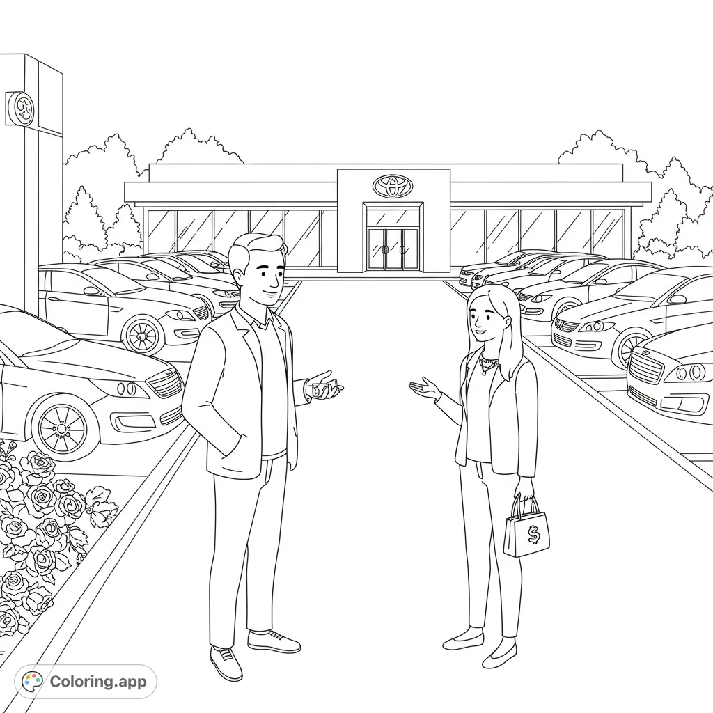 Explore a lively car dealership scene featuring a man and woman with cash, surrounded by sleek vehicles and a modern building. Perfect for all ages!