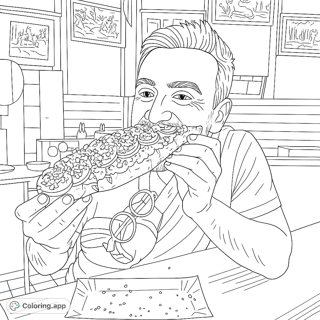 A happy man savoring a large, generously topped sandwich, capturing a delightful moment of culinary enjoyment in a casual setting.