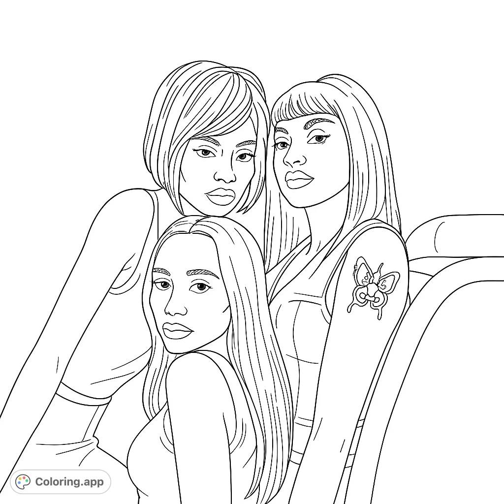 Color a stunning portrait of three glamorous women with unique hairstyles and expressions. A captivating fashion-themed coloring page for creative minds.