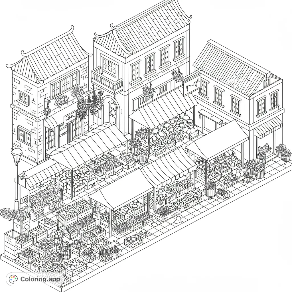 Immerse yourself in a vibrant street market scene with traditional buildings, bustling stalls, and an abundance of fresh produce. A detailed coloring adventure awaits!