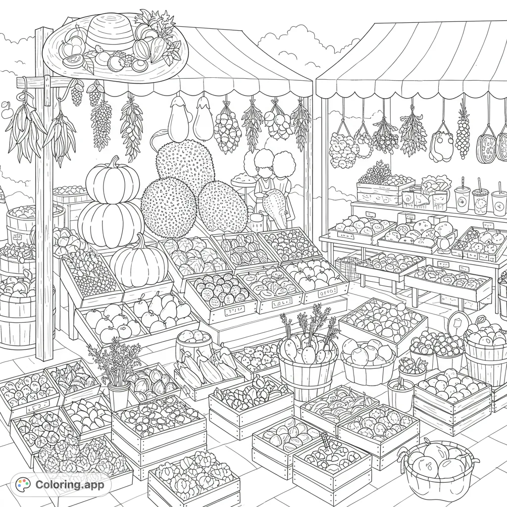 Explore a bustling, whimsical farmers market filled with unique produce displays and hidden fruits and vegetables in this highly detailed search-and-color activity.