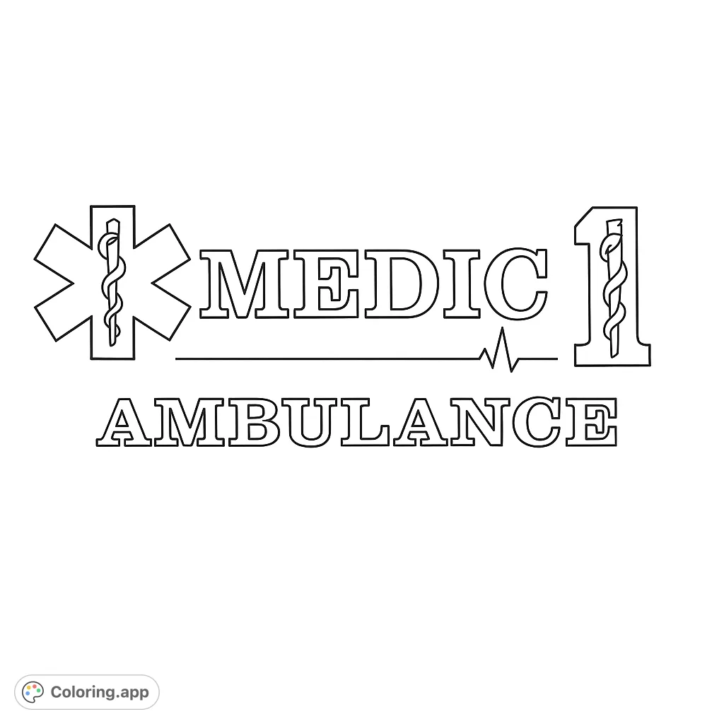Color this emergency services emblem featuring the Star of Life, 'MEDIC 1 AMBULANCE' text, and a heartbeat line. A free printable design.