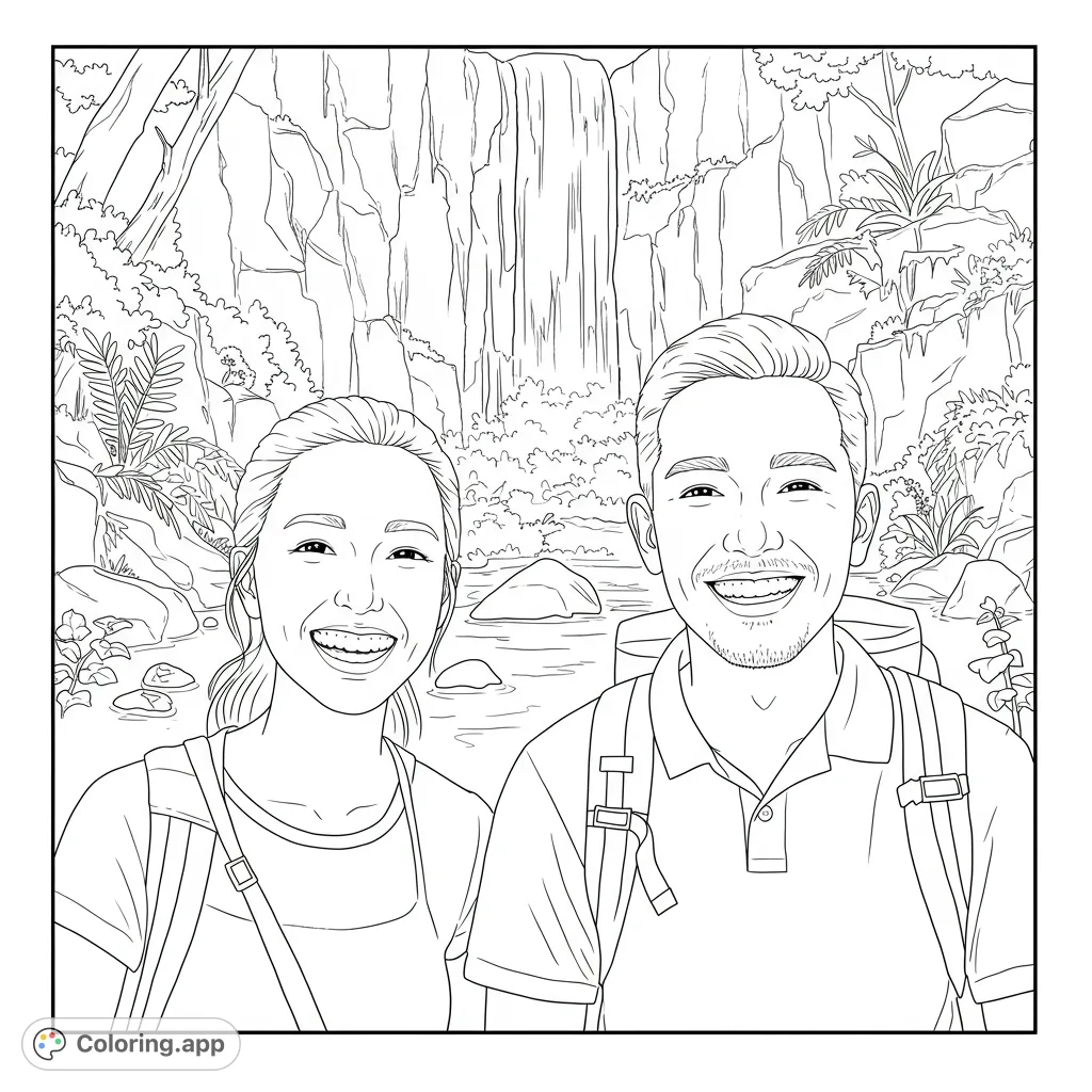 Explore a realistic hiking coloring page featuring a smiling couple against a stunning waterfall and rocky landscape. A free printable hiking coloring page for all ages.