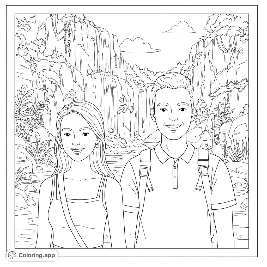 Capture the charm of a vintage travel scene with a smiling couple against a majestic waterfall and rugged cliffs. A delightful retro coloring page.