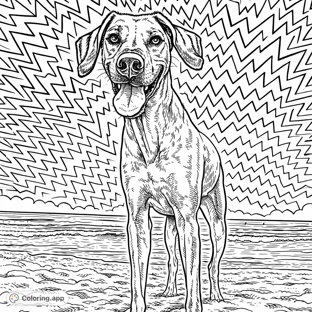 A playful dog stands on a sunny beach with ocean waves, ready for a whimsical pop art adventure! Free printable whimsical dog beach coloring page for all ages.