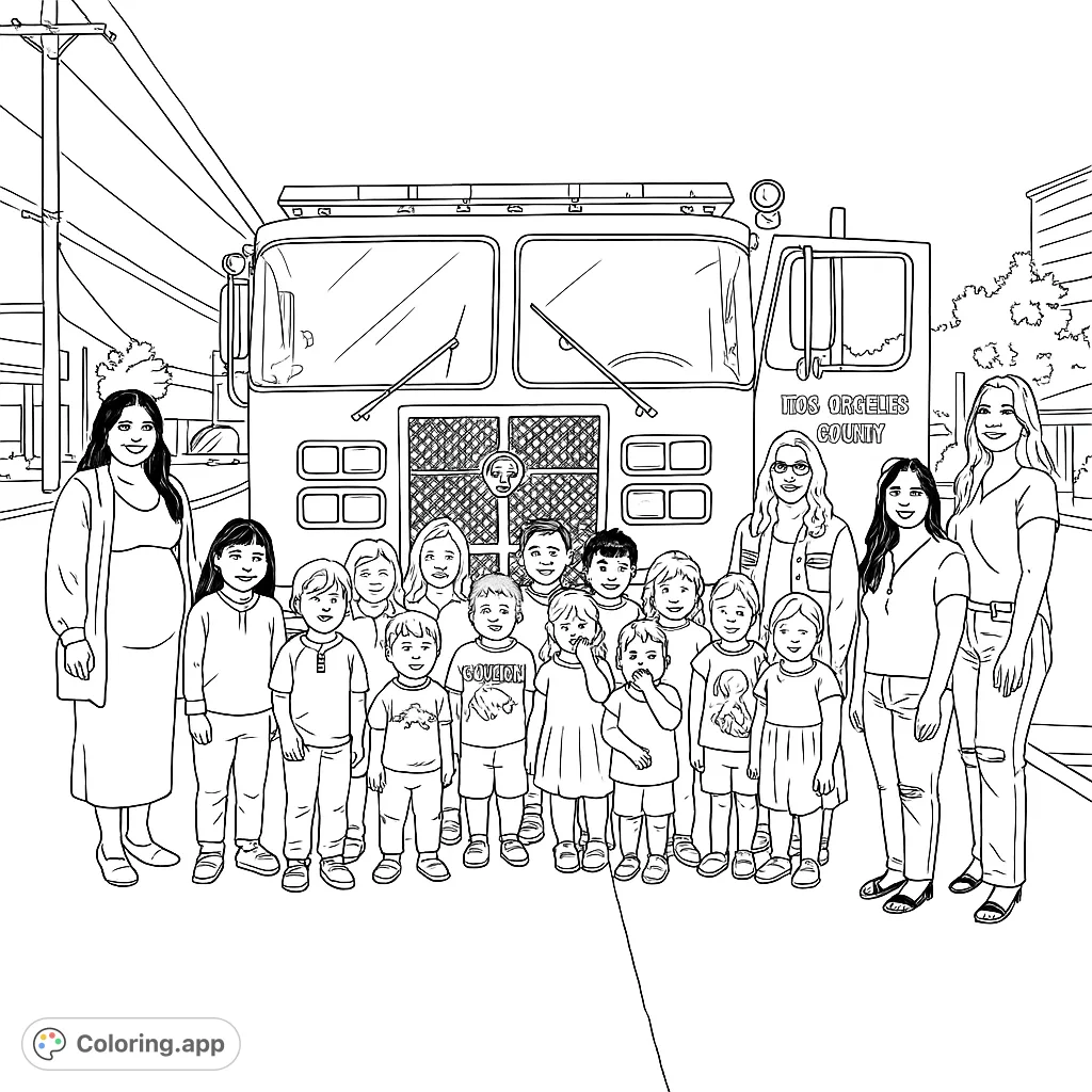 A group of children and adults pose in front of a large fire truck, ready for a fun coloring adventure. Perfect for community helper themes!