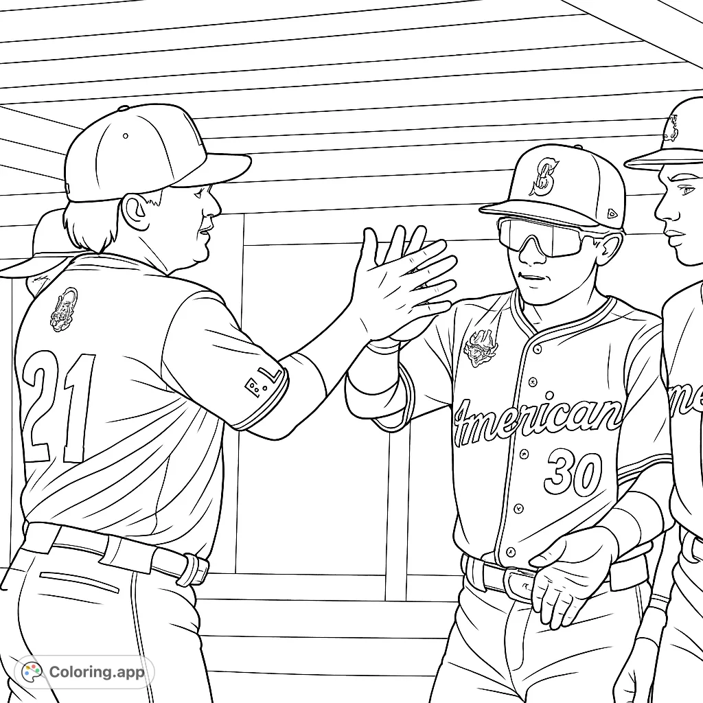 Dynamic baseball scene featuring two players high-fiving, capturing team spirit and excitement on the field. Perfect for sports fans to color.