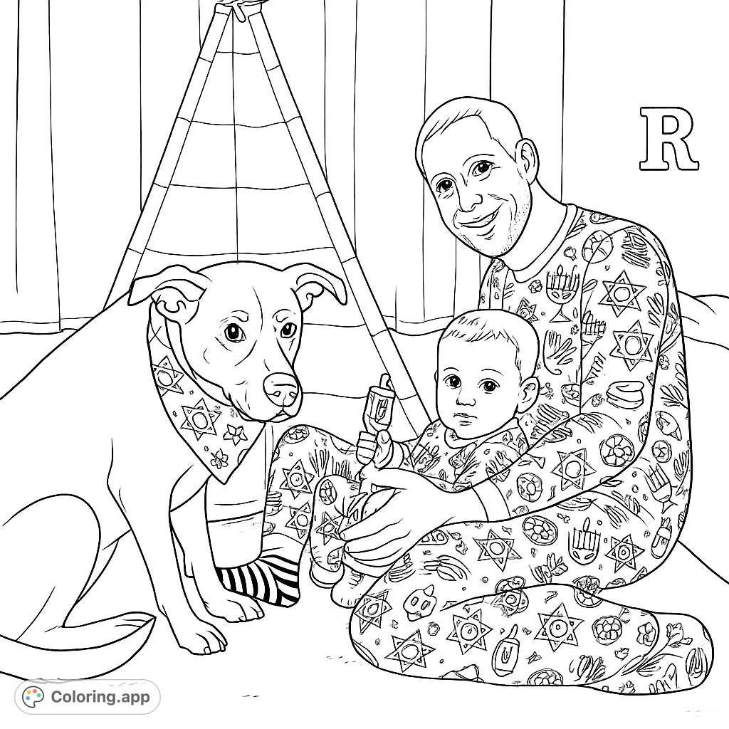 Capture a heartwarming scene of a man, child, and their beloved dog in patterned pajamas, set against a cozy indoor backdrop with a striped teepee.