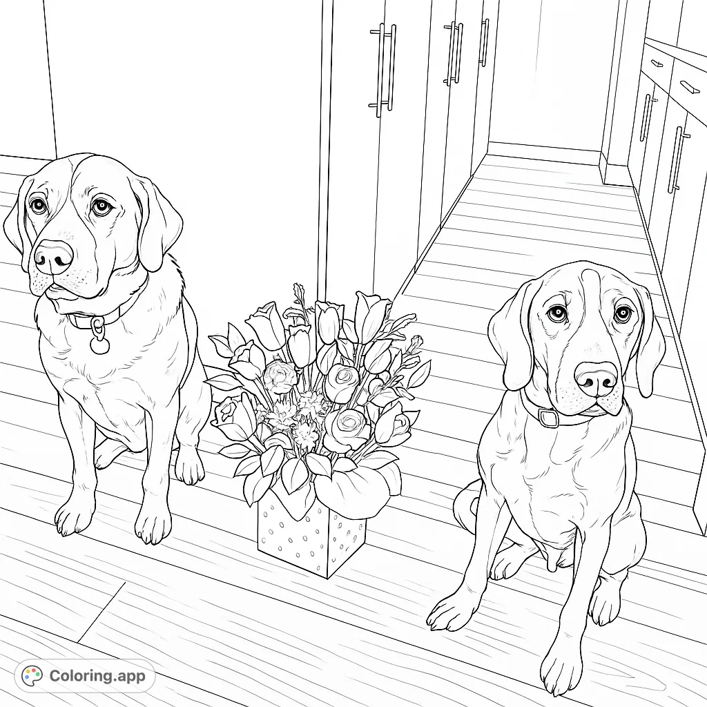 Color a heartwarming scene featuring two adorable dogs posing with a beautiful bouquet of flowers in a polka-dotted gift bag. Perfect for pet lovers!
