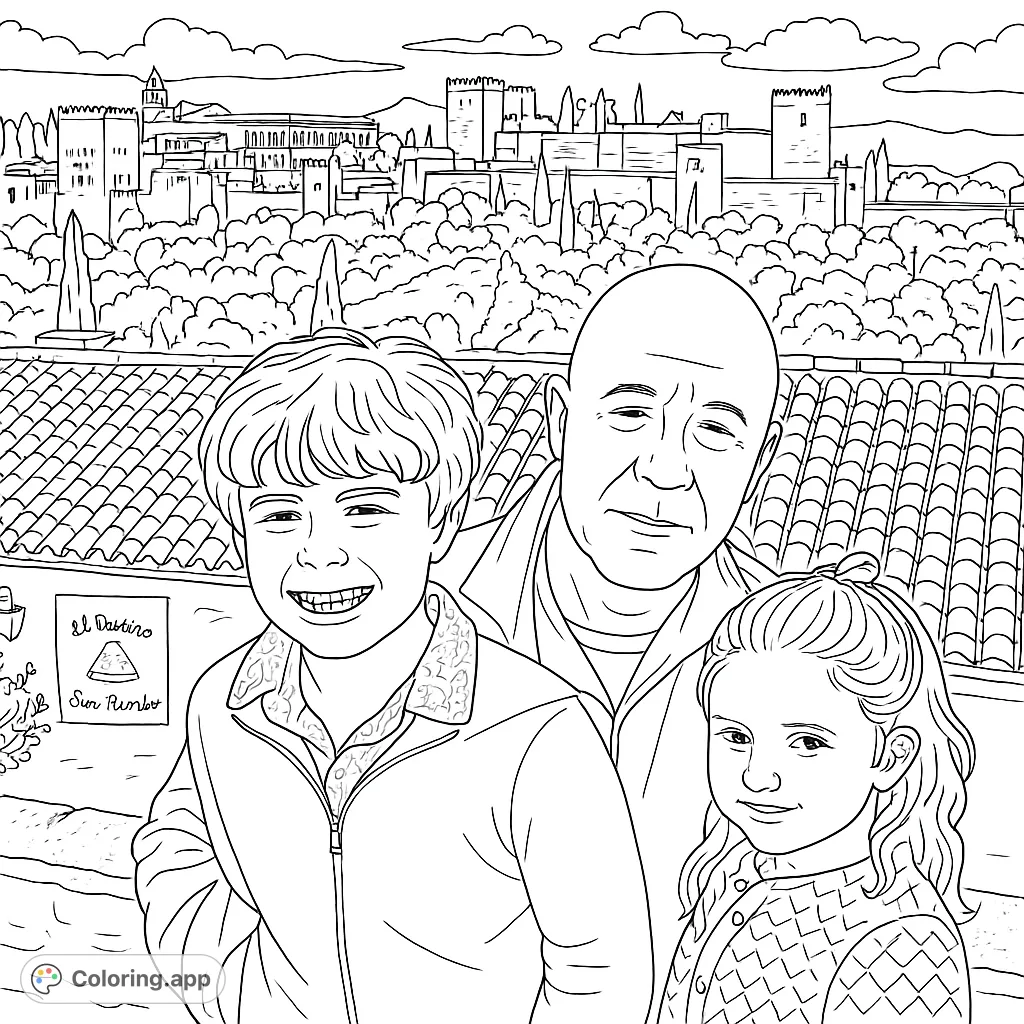 A family enjoys a scenic view of a grand historic fortress and city, perfect for a travel-themed coloring adventure.