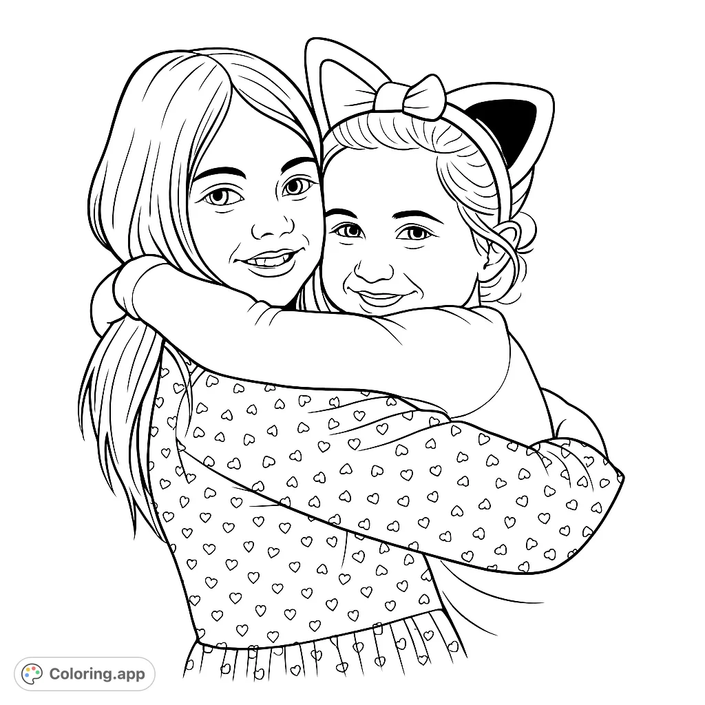 A heartwarming coloring page featuring two smiling girls in a close embrace, perfect for celebrating friendship and family bonds.