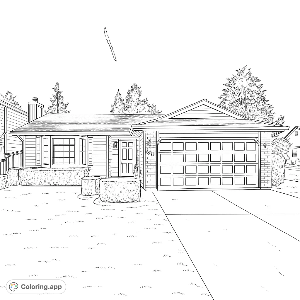 Color a charming suburban house with a neat lawn, bay window, and garage. Perfect for exploring architectural details and creating a welcoming home scene.
