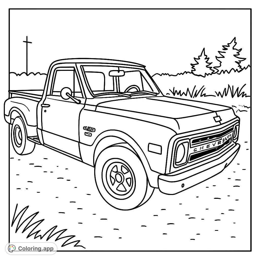 Color a classic pickup truck, a free printable vintage vehicle coloring page. Perfect for kids and adults, this simple design offers a fun, relaxing creative activity.