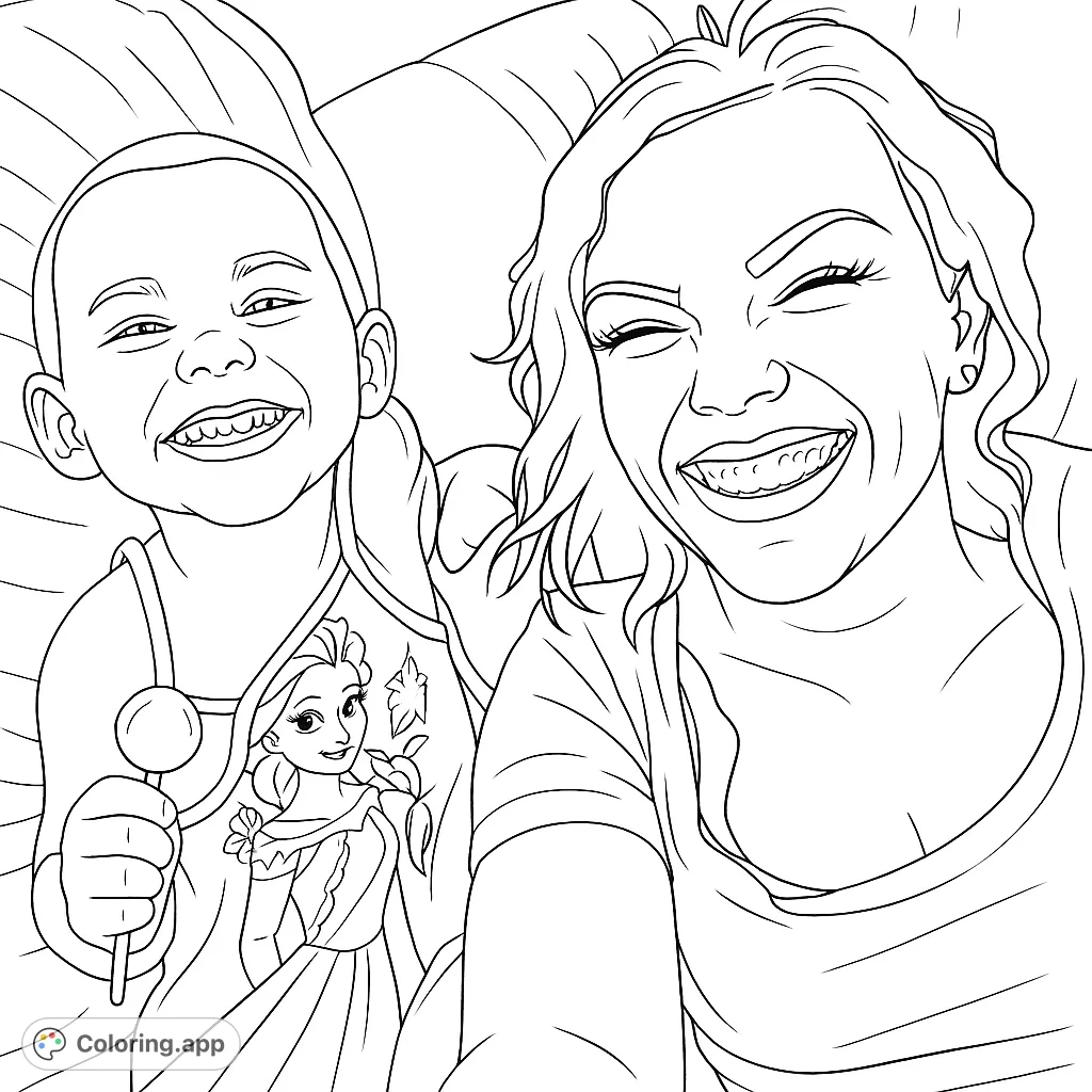 Capture a heartwarming moment with this family coloring page featuring a smiling woman and child. Perfect for all ages to enjoy!