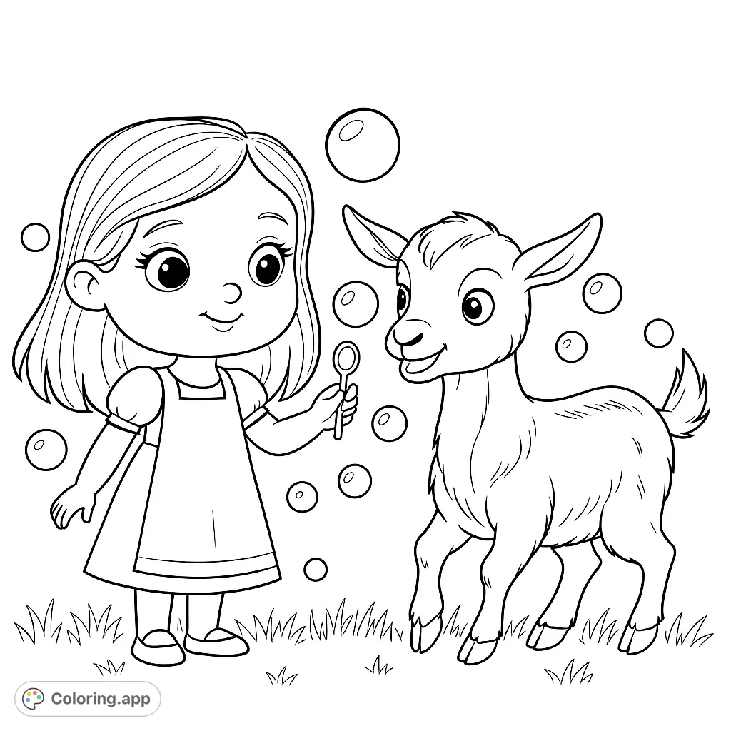 A delightful scene featuring a cheerful girl blowing bubbles with a playful goat, set on a grassy patch. Perfect for a fun, engaging coloring experience.