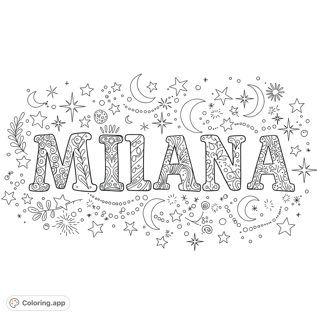 A personalized Milana coloring page featuring the name in a decorative font, surrounded by enchanting stars and celestial elements. Free printable coloring page for kids.