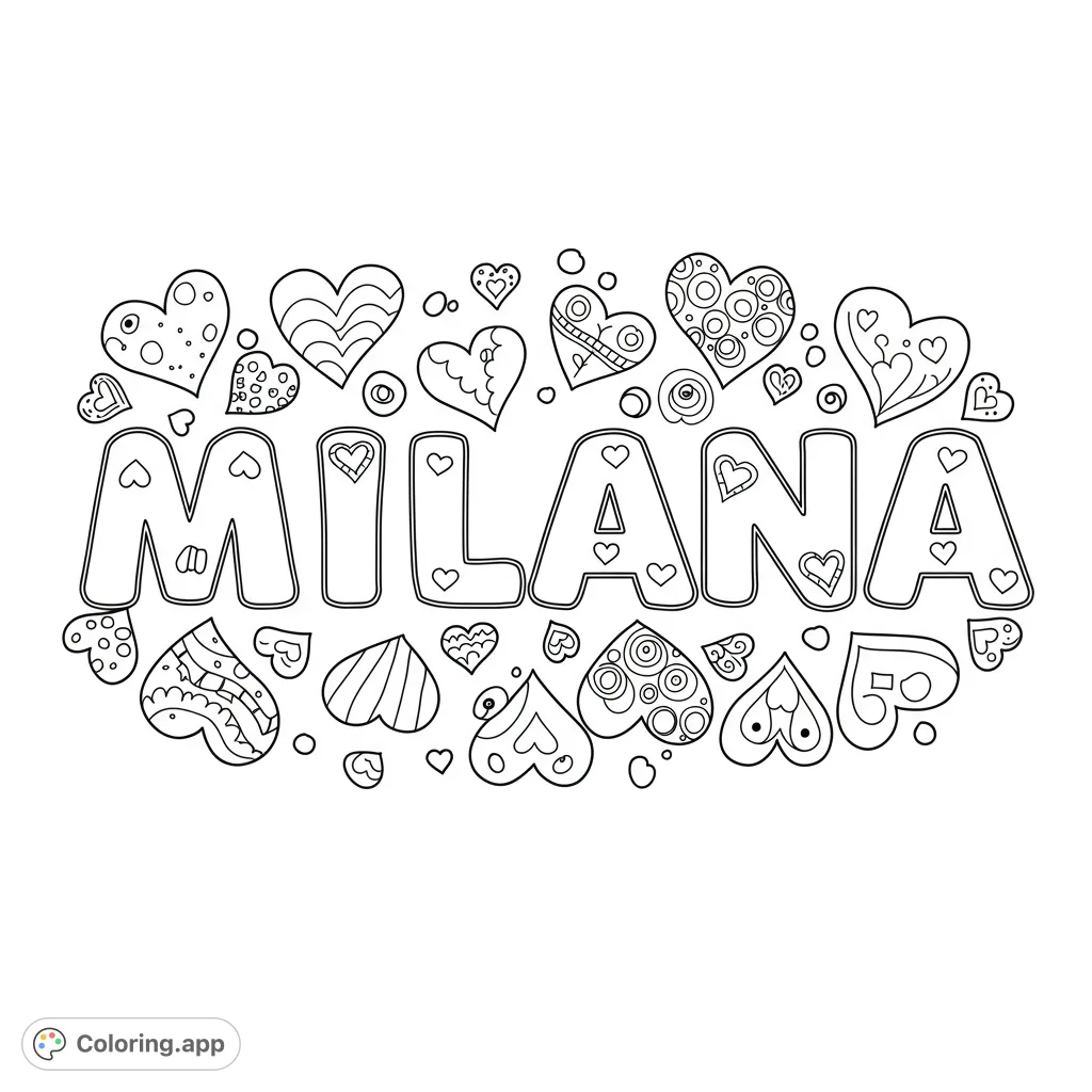 A delightful Milana coloring page featuring large, easy-to-color letters adorned with charming heart patterns, perfect for young artists.