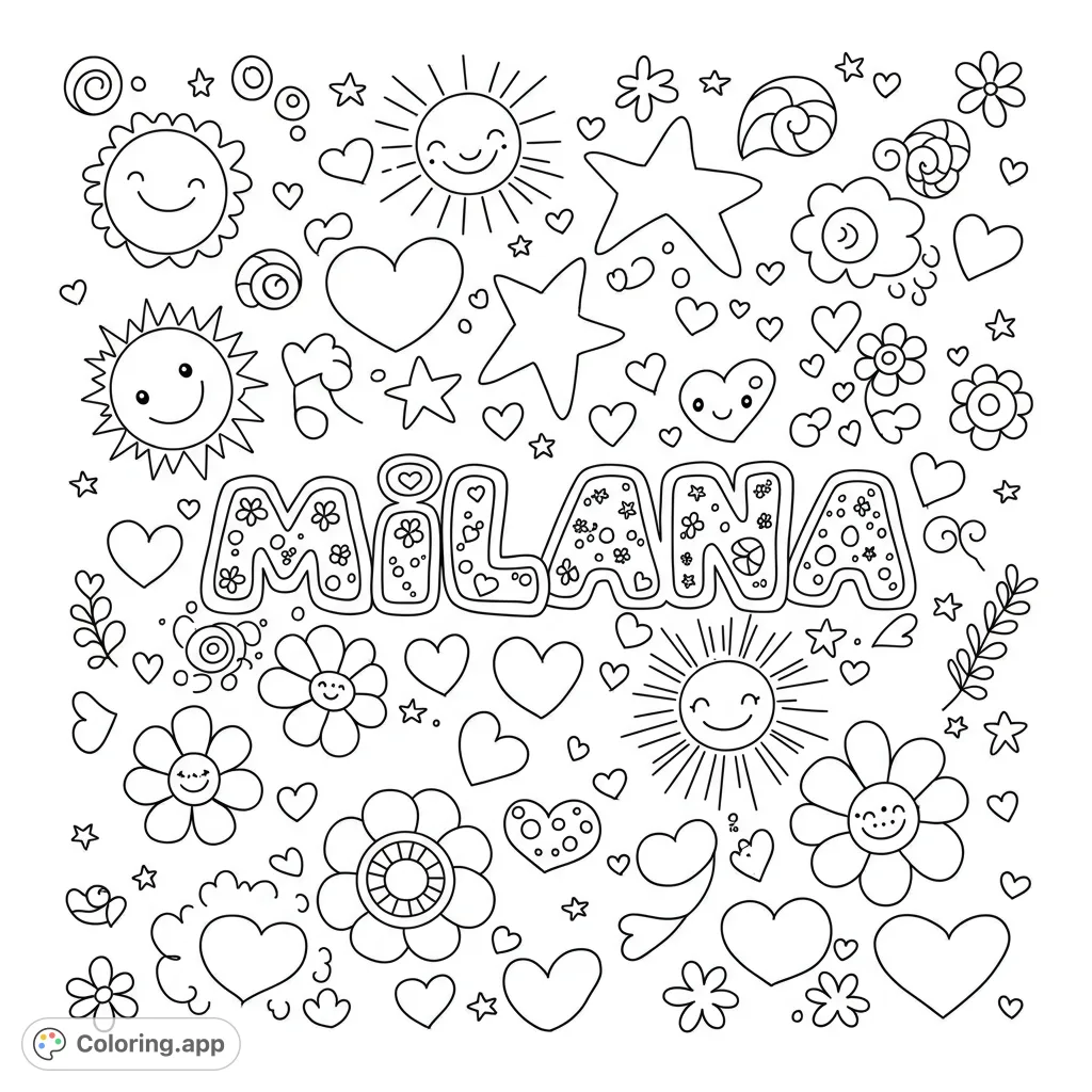 A delightful Milana coloring page featuring a playful name design surrounded by cheerful suns, stars, flowers, and decorative hearts. Perfect for personalized fun!