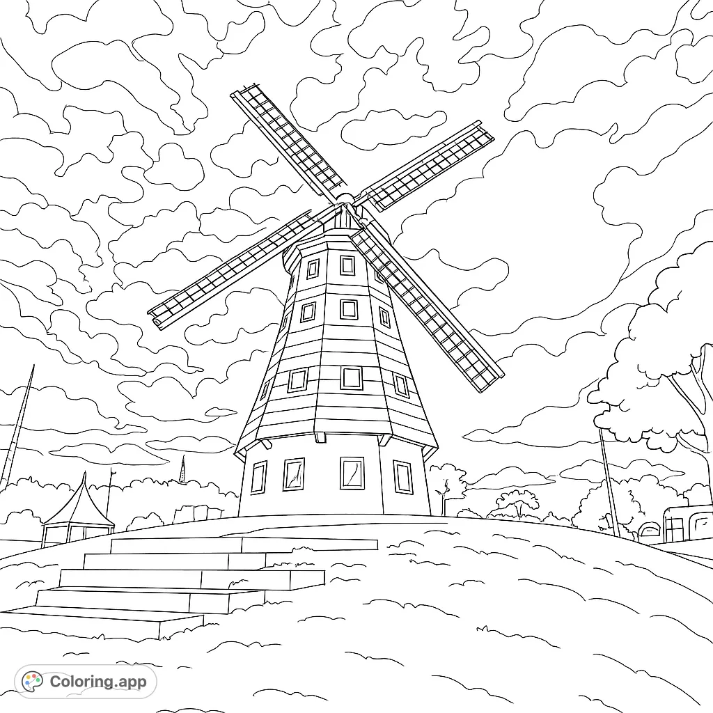Color a majestic windmill on a grassy hill with detailed blades and a tiled roof under a cloudy sky. A charming architectural landscape.