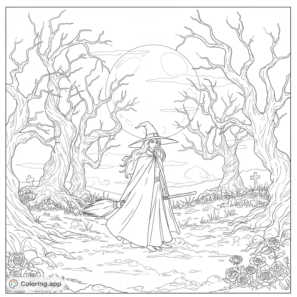 A mysterious witch under a full moon, surrounded by gnarled spooky trees on a Halloween night. A free printable Halloween coloring page for all ages.