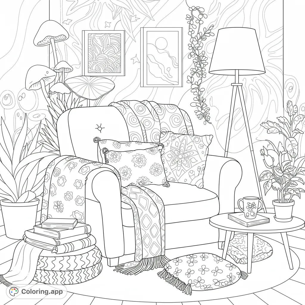 Unwind in a cozy, relaxed scene with plush furniture, whimsical plants, and abstract patterns. A free printable comfort coloring page for adults.