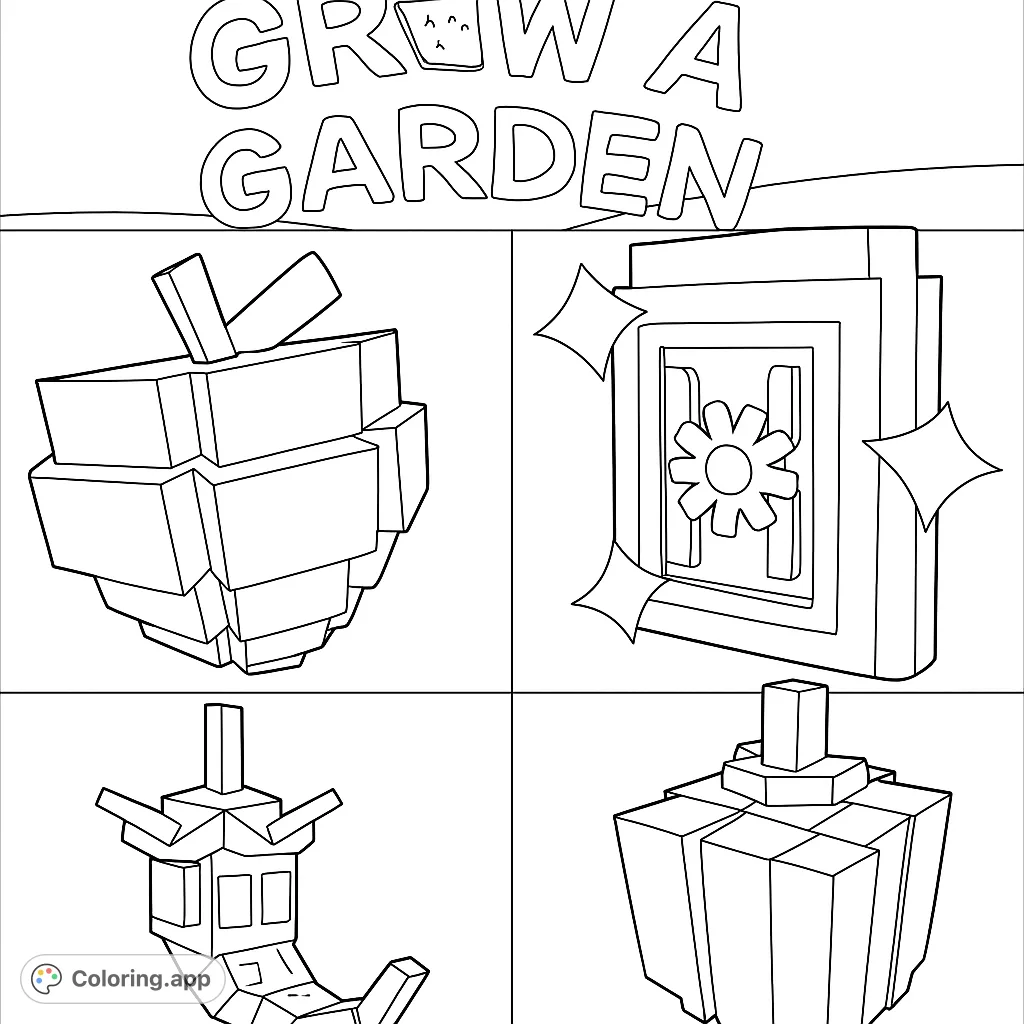 Explore a blocky garden with pixelated fruits, vegetables, and a seed packet. A fun, geometric coloring page for all ages.