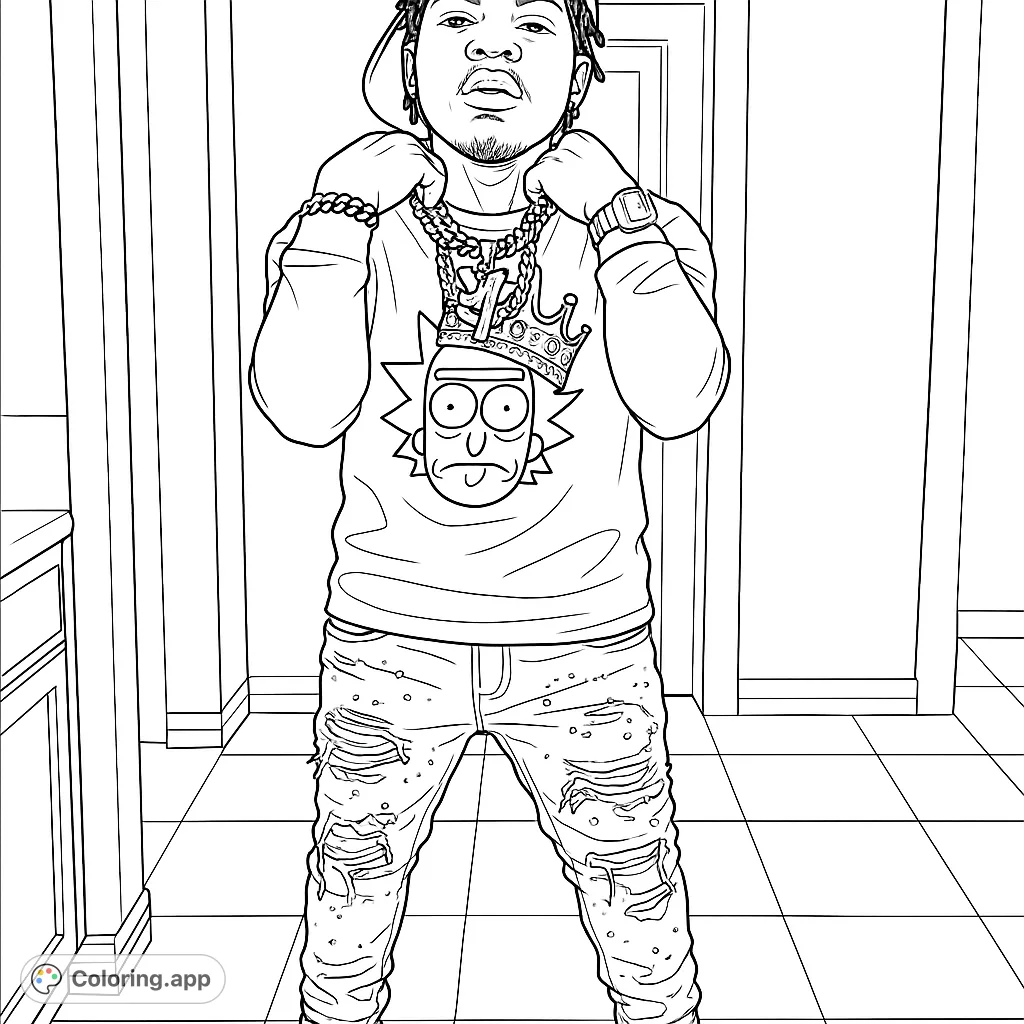 A modern figure in a character hoodie and distressed jeans, perfect for urban fashion enthusiasts. Express your style with this cool streetwear coloring page.
