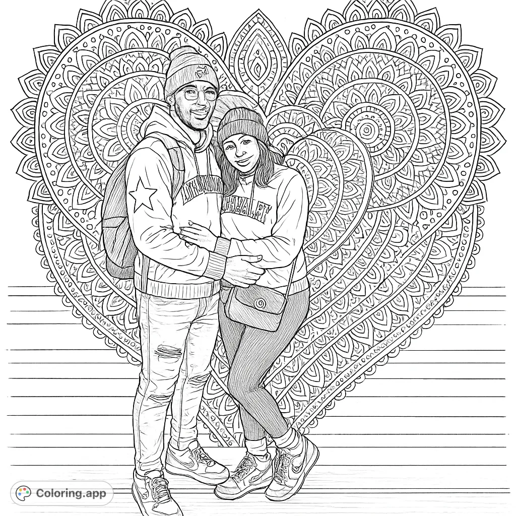 Color a loving couple embracing beside a heart sculpture, set against an intricate mandala background. A realistic and detailed design for adults.