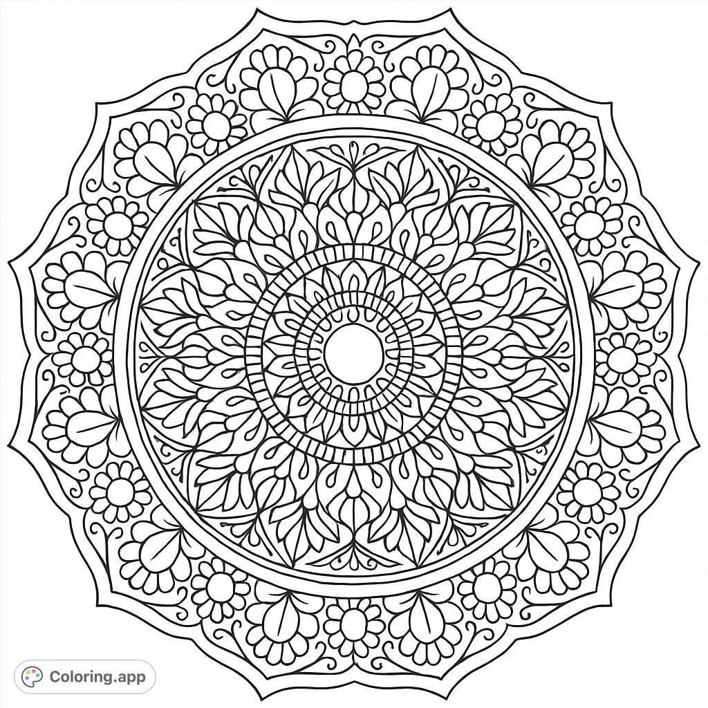 Unwind with this intricate mandala coloring page, featuring detailed floral and geometric patterns for a meditative artistic experience. Free printable.