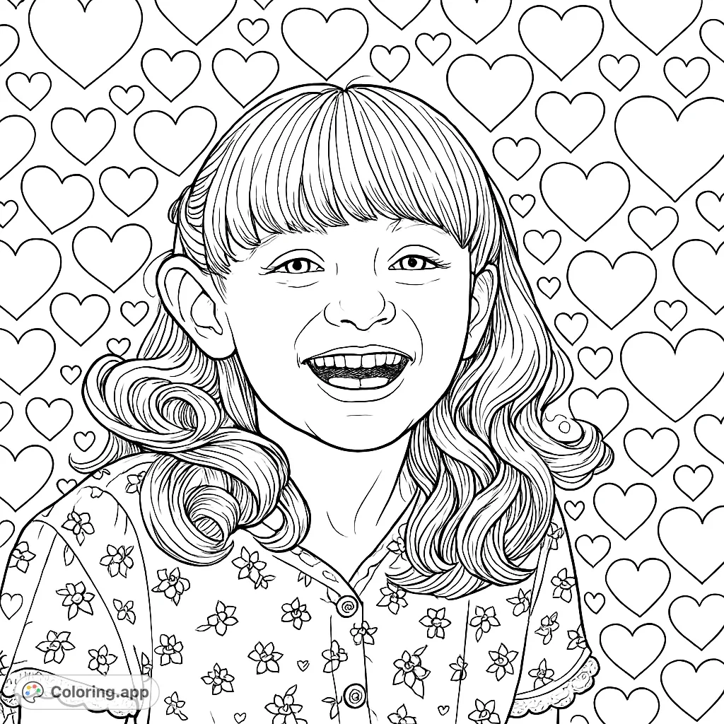 A delightful portrait of a joyful young girl with a wide smile and flowing hair, adorned with intricate heart patterns for a charming coloring experience.