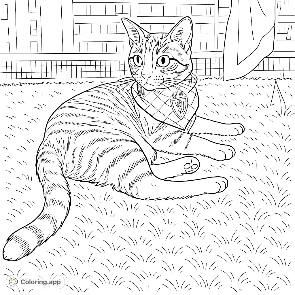 A charming cat in a plaid bandana rests on a grassy surface, with an urban backdrop. Perfect for cat lovers to color and personalize.