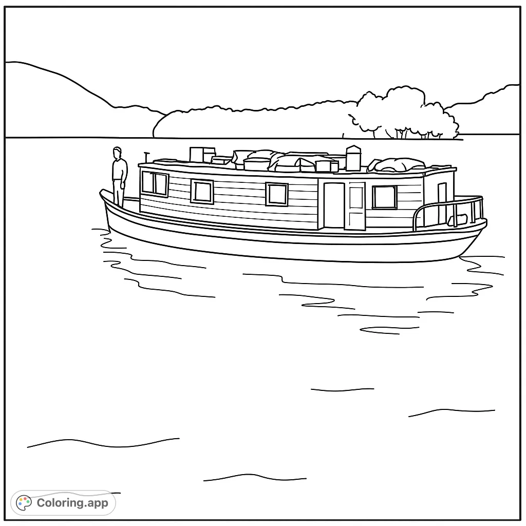 Embark on a serene river journey with this boat coloring page. Features a classic boat, a person on deck, and a peaceful natural landscape.