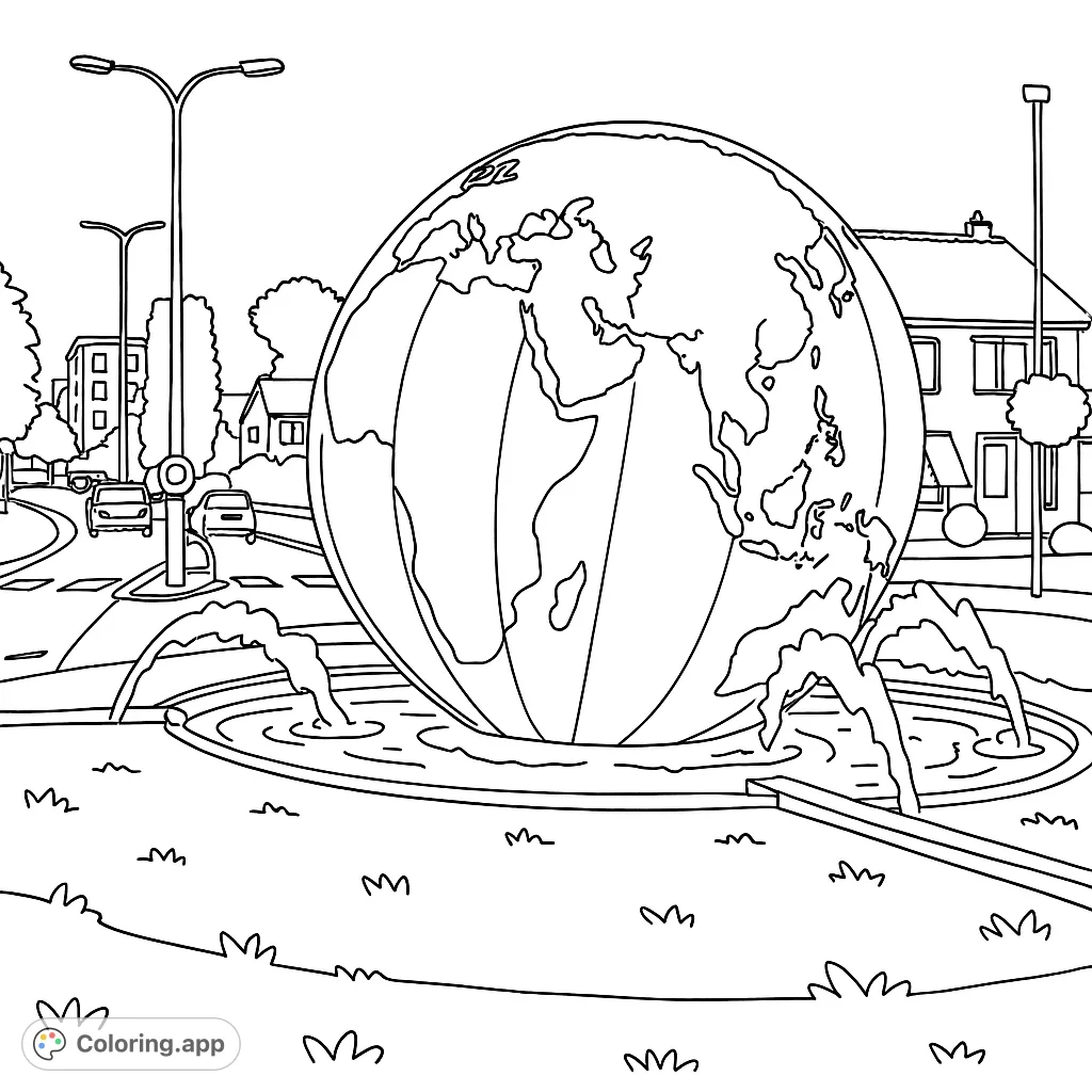 Explore a detailed world globe fountain in a bustling urban setting. This free printable coloring page offers intricate details of continents, water, and surrounding architecture.