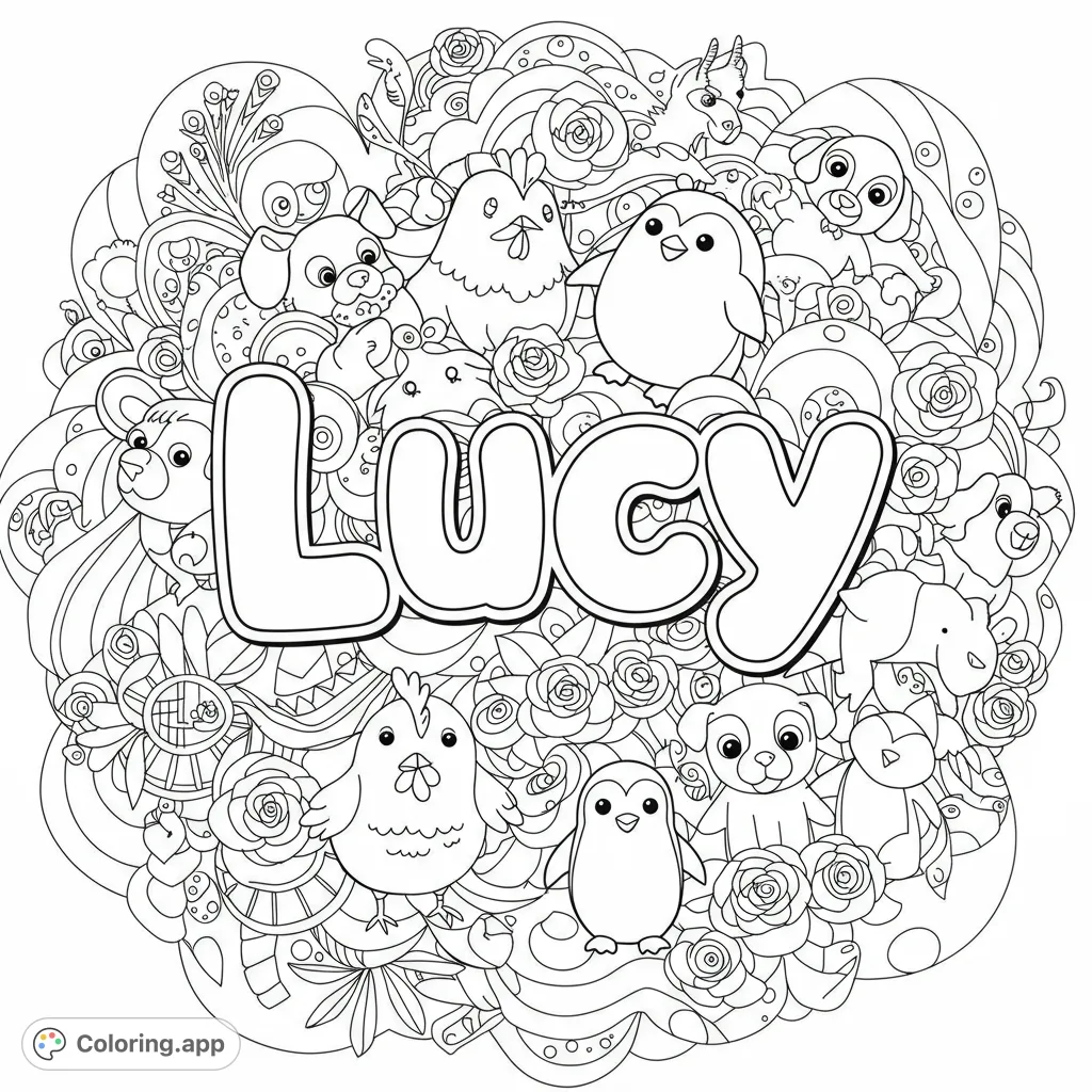 A delightful coloring page featuring the name 'Lucy' in bubble letters, surrounded by a whimsical swirl of chickens, penguins, and playful puppies.