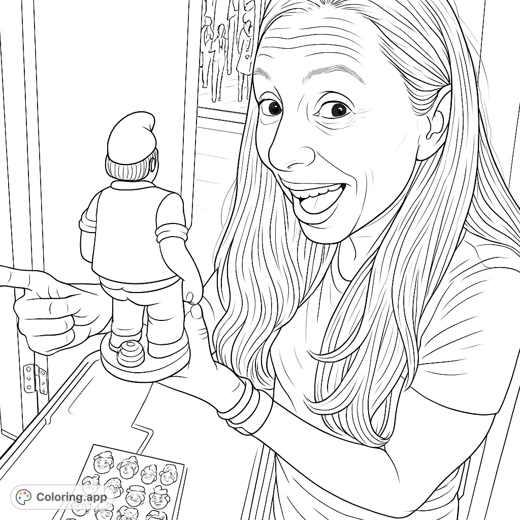 A playful scene featuring a woman holding a traditional Caganer figurine, known for its unique pose. A fun and quirky coloring page for all ages.