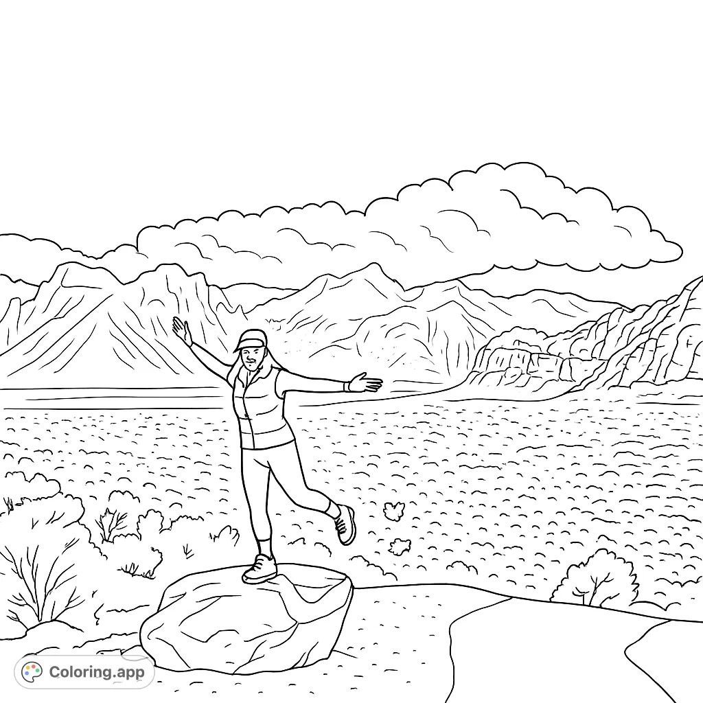 Explore a vast desert landscape with a person striking a joyful pose on a rock, surrounded by majestic mountains and a dynamic sky. A free printable nature coloring page.